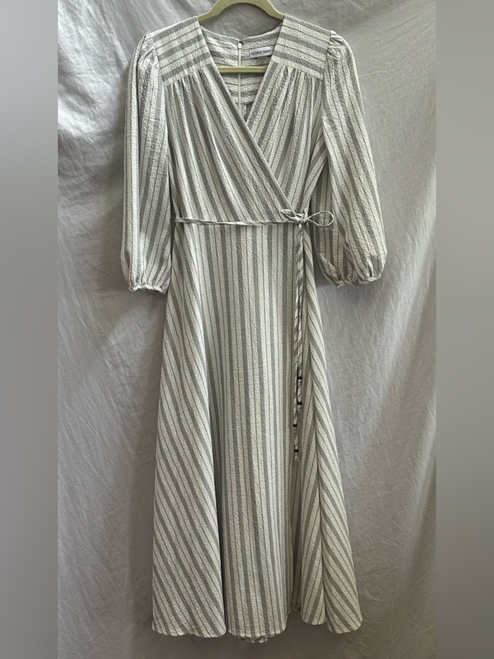 Calvin Klein Striped Wrap Maxi Dress in Light Gray and White